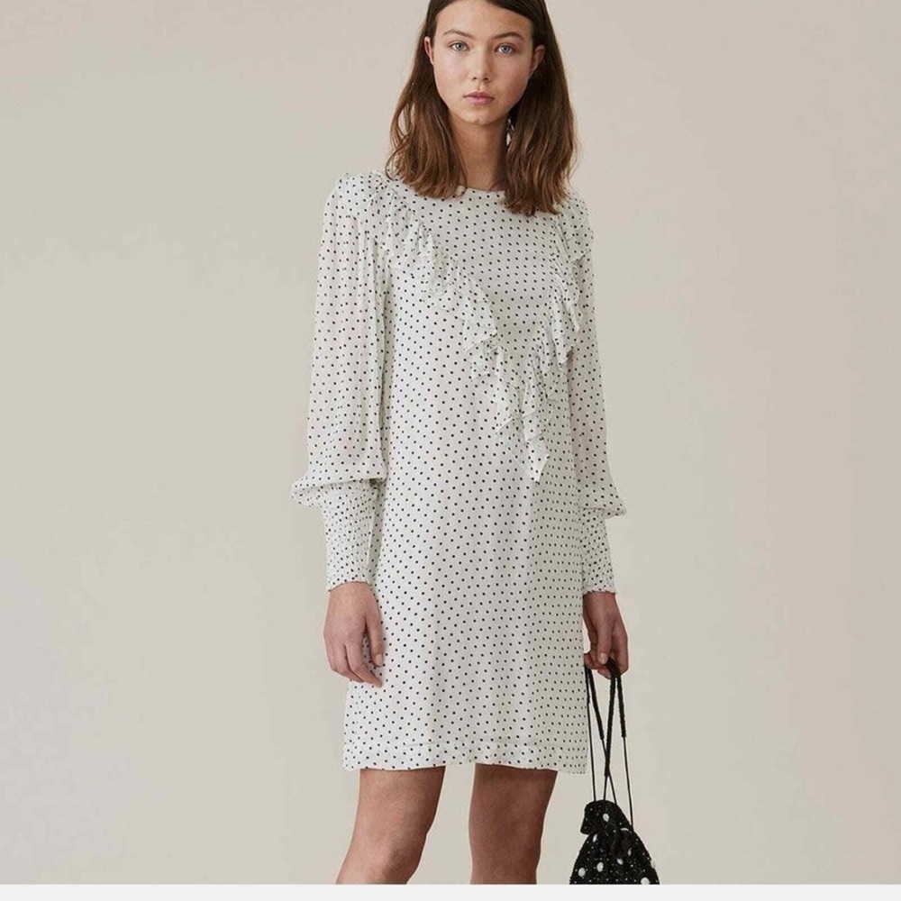 Ganni Rometty Georgette White Polka Dot Long Sleeve Mini Dress